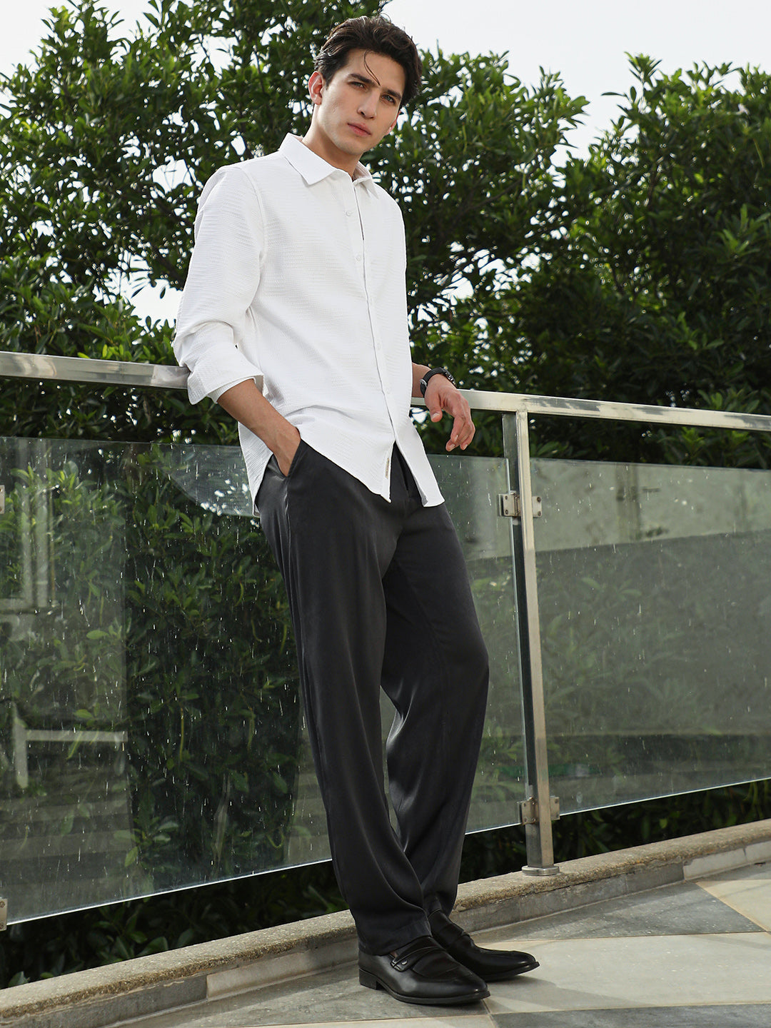 White Textured Cotton Blend Full Sleeve Shirt