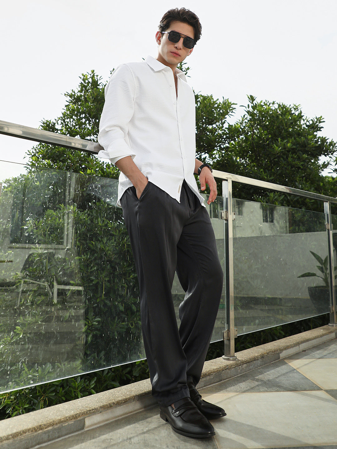 White Textured Cotton Blend Full Sleeve Shirt