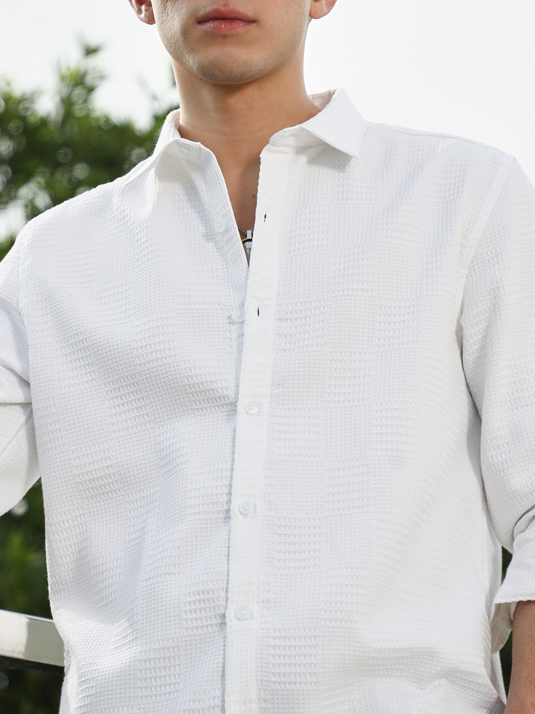 White Textured Cotton Blend Full Sleeve Shirt