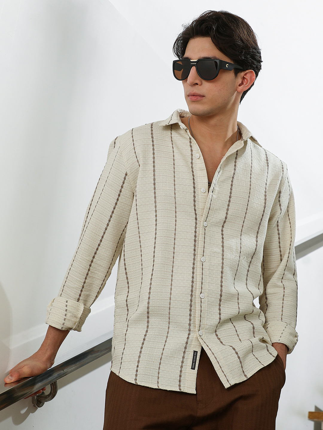 Textured Striped Cotton-Polyester Blend Shirt