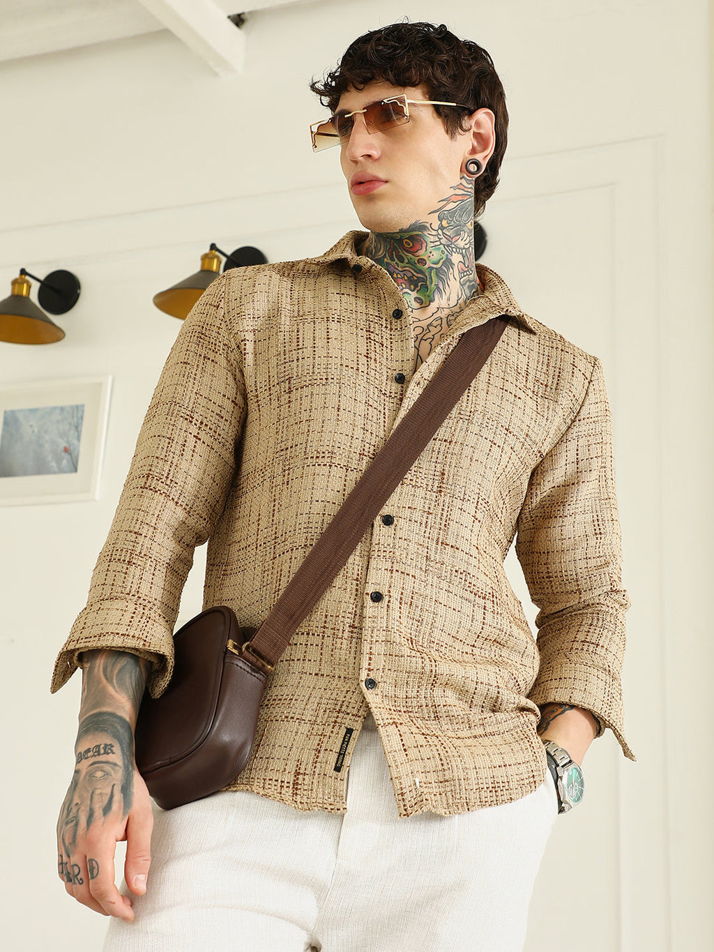 Beige Textured Cotton-Polyester Blend Shirt