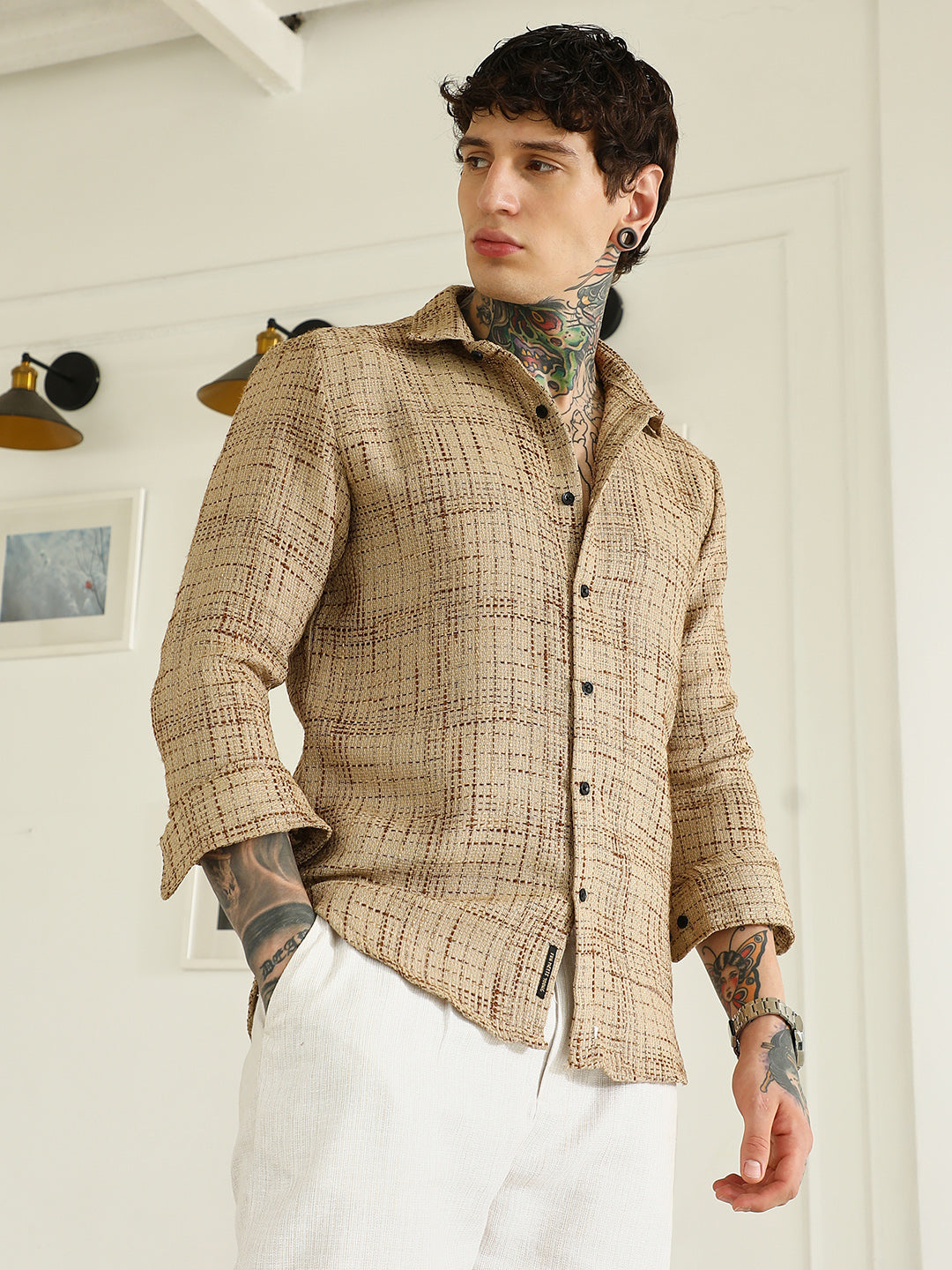 ₹999 Men's Beige Textured Cotton-Polyester Blend Shirt