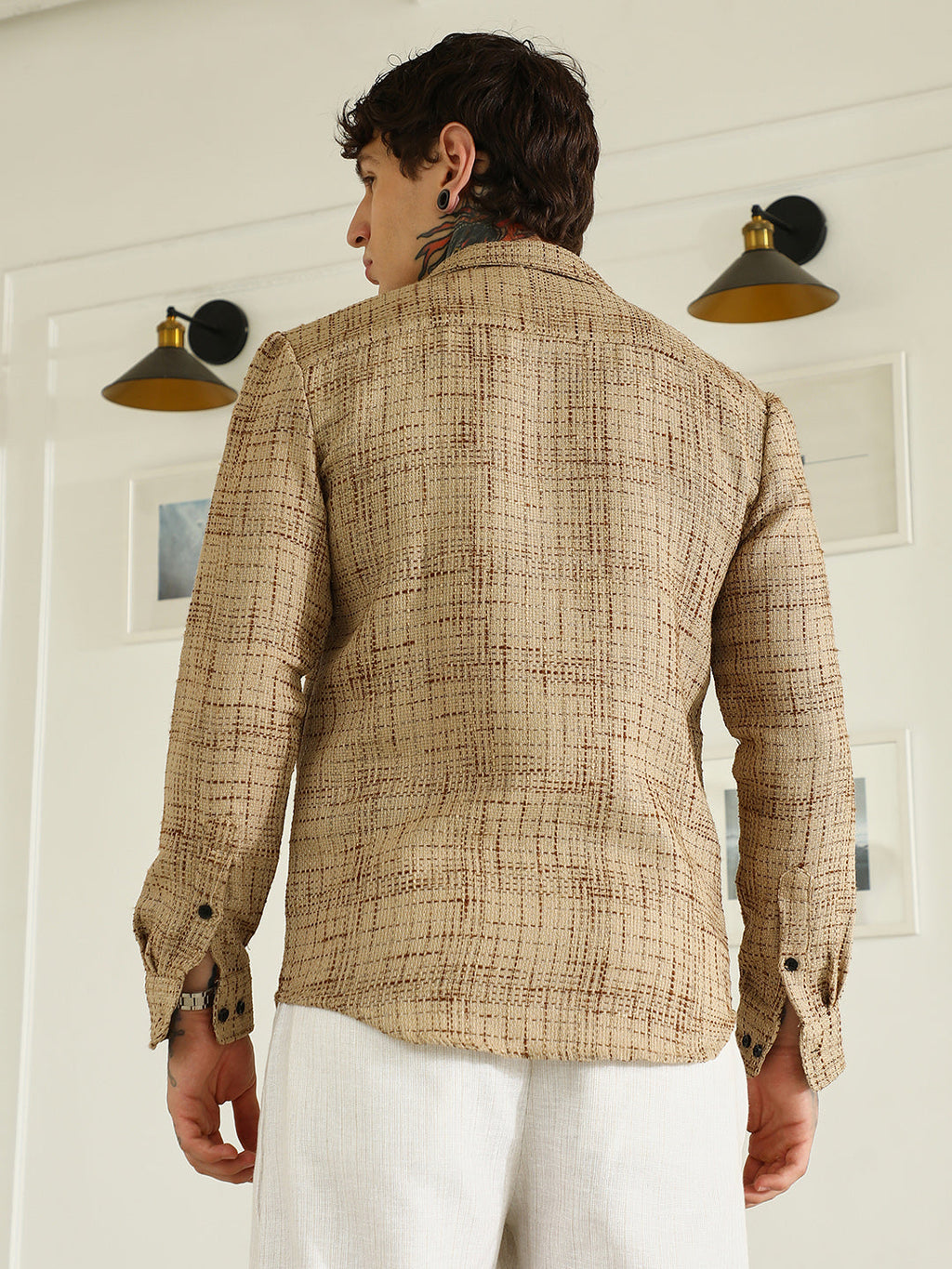 Beige Textured Cotton-Polyester Blend Shirt