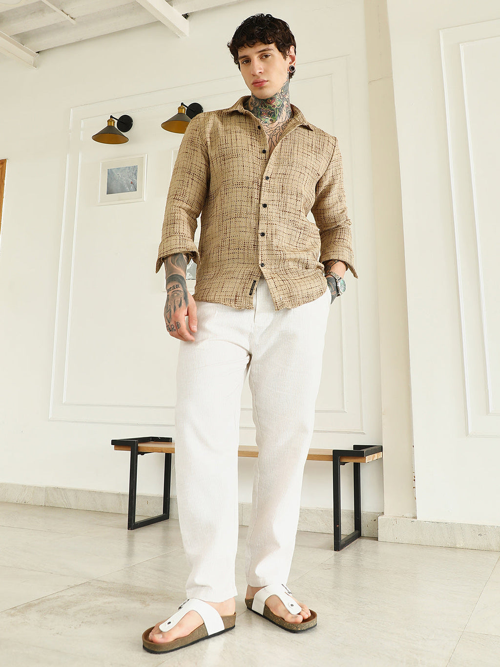 Beige Textured Cotton-Polyester Blend Shirt