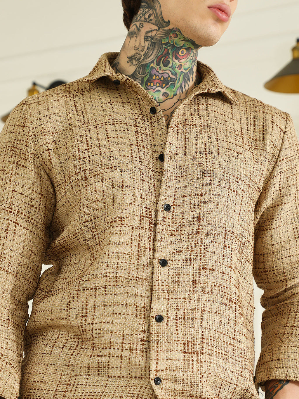 Beige Textured Cotton-Polyester Blend Shirt