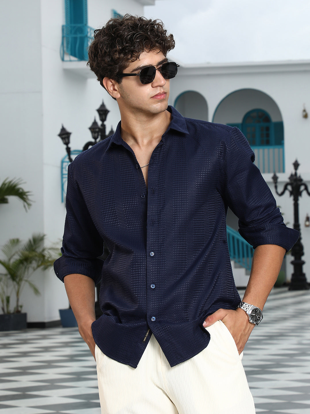 Geometric-Panel Jacquard Shirt