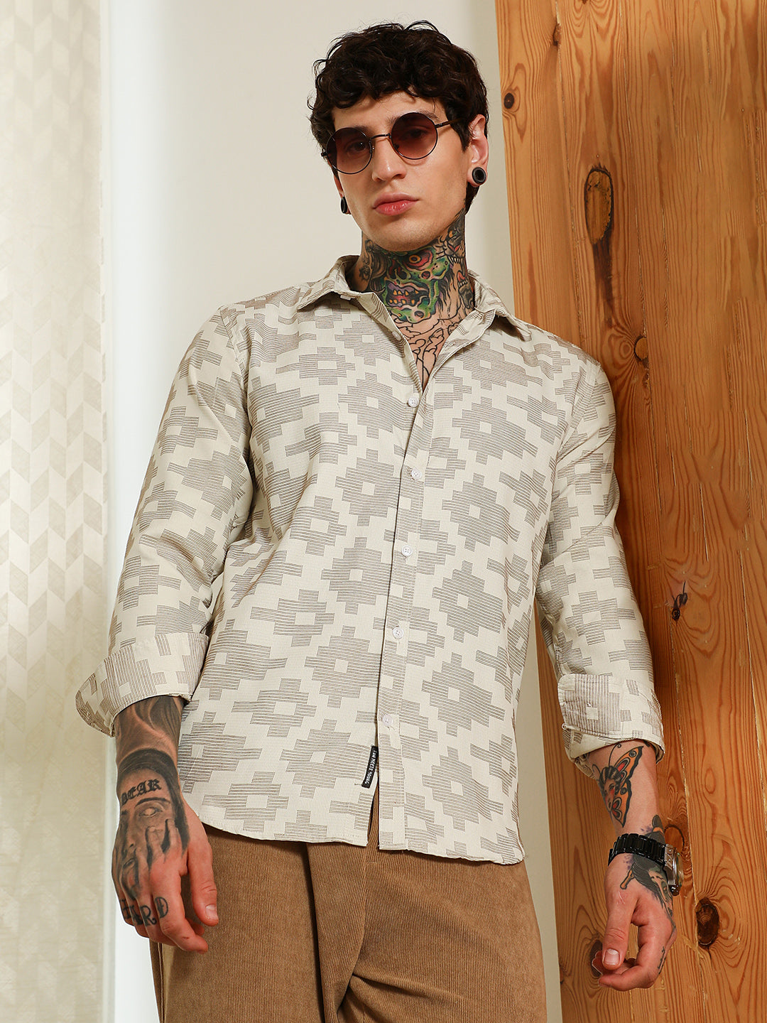 Geometric Pattern Cotton Blend Full Sleeve Shirt