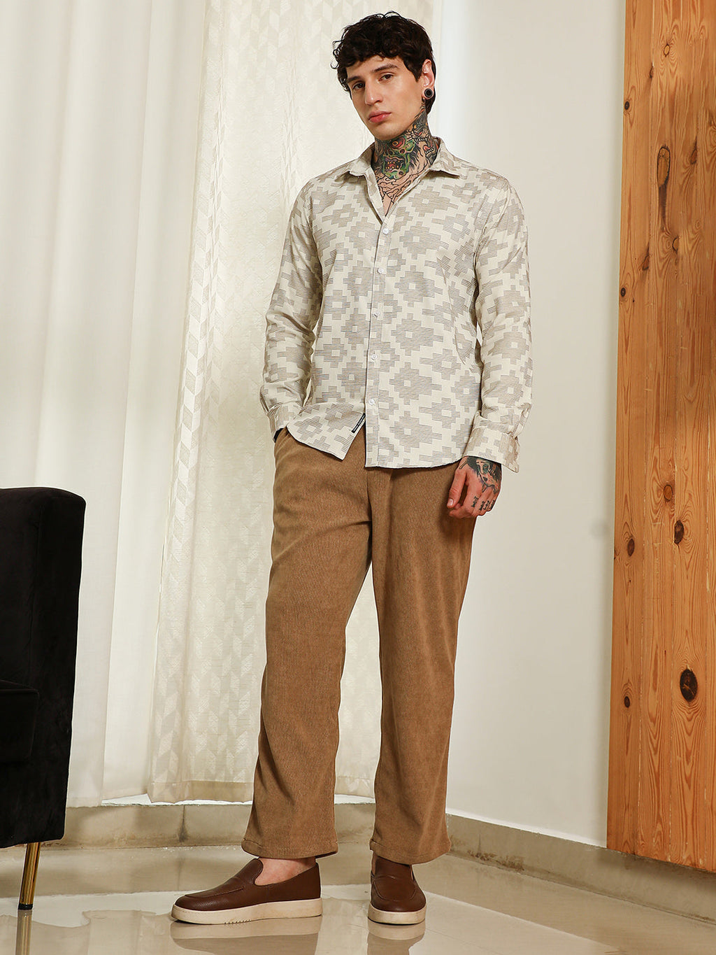 Geometric Pattern Cotton Blend Full Sleeve Shirt