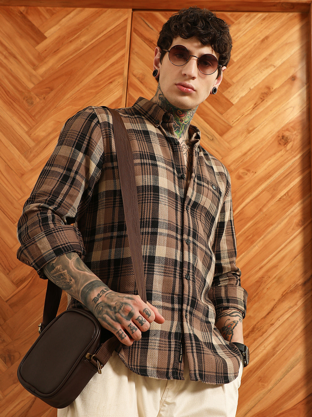 Brown Plaid Cotton Tailored Fit Shirt