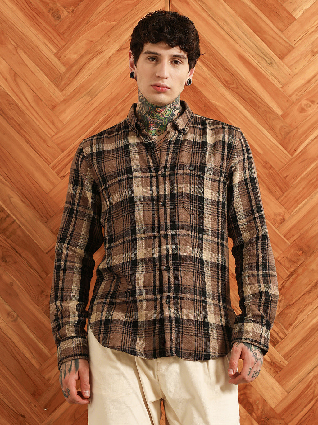 Brown Plaid Cotton Tailored Fit Shirt