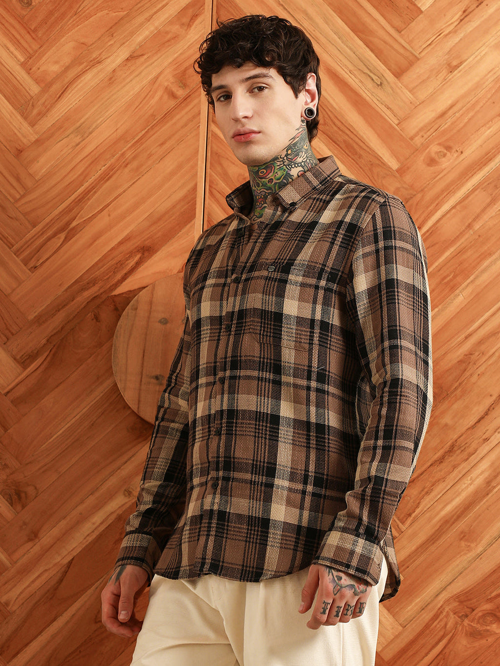 Brown Plaid Cotton Tailored Fit Shirt