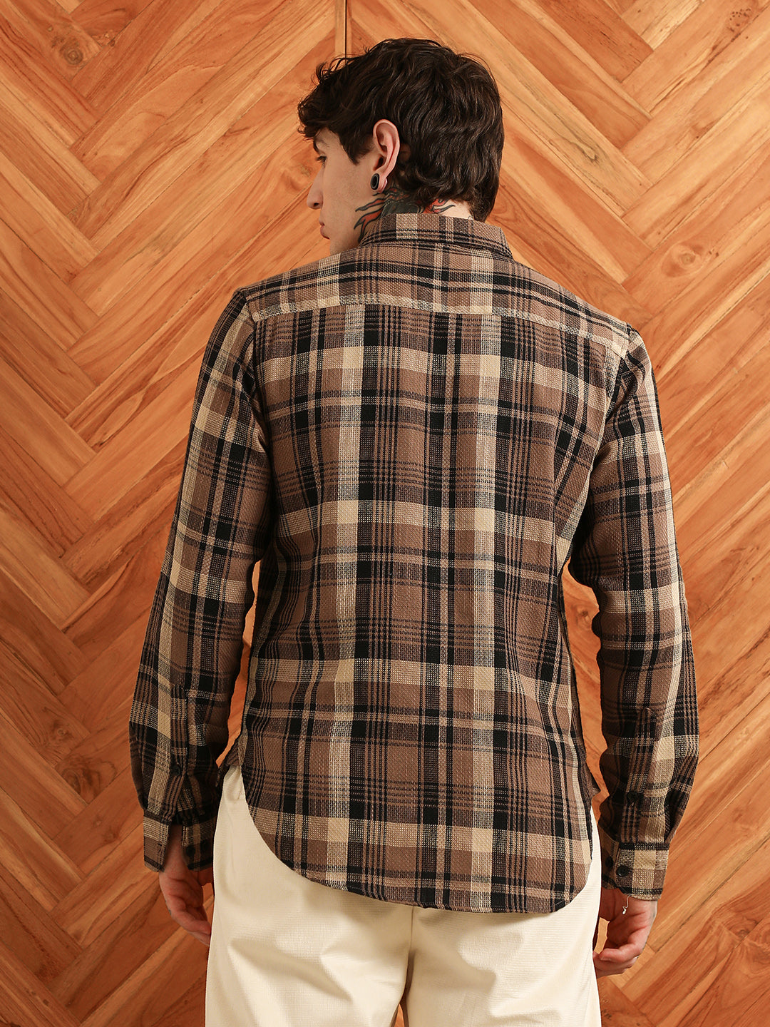Brown Plaid Cotton Tailored Fit Shirt