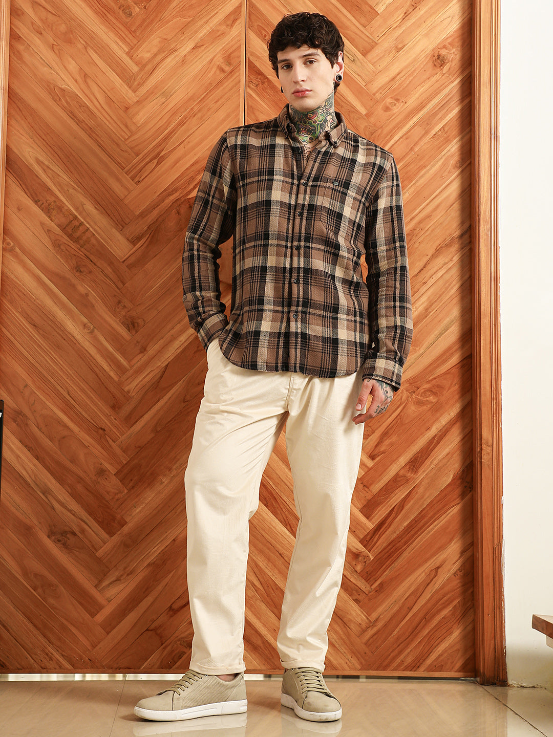 Brown Plaid Cotton Tailored Fit Shirt