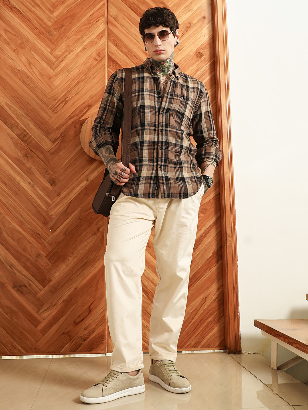Brown Plaid Cotton Tailored Fit Shirt