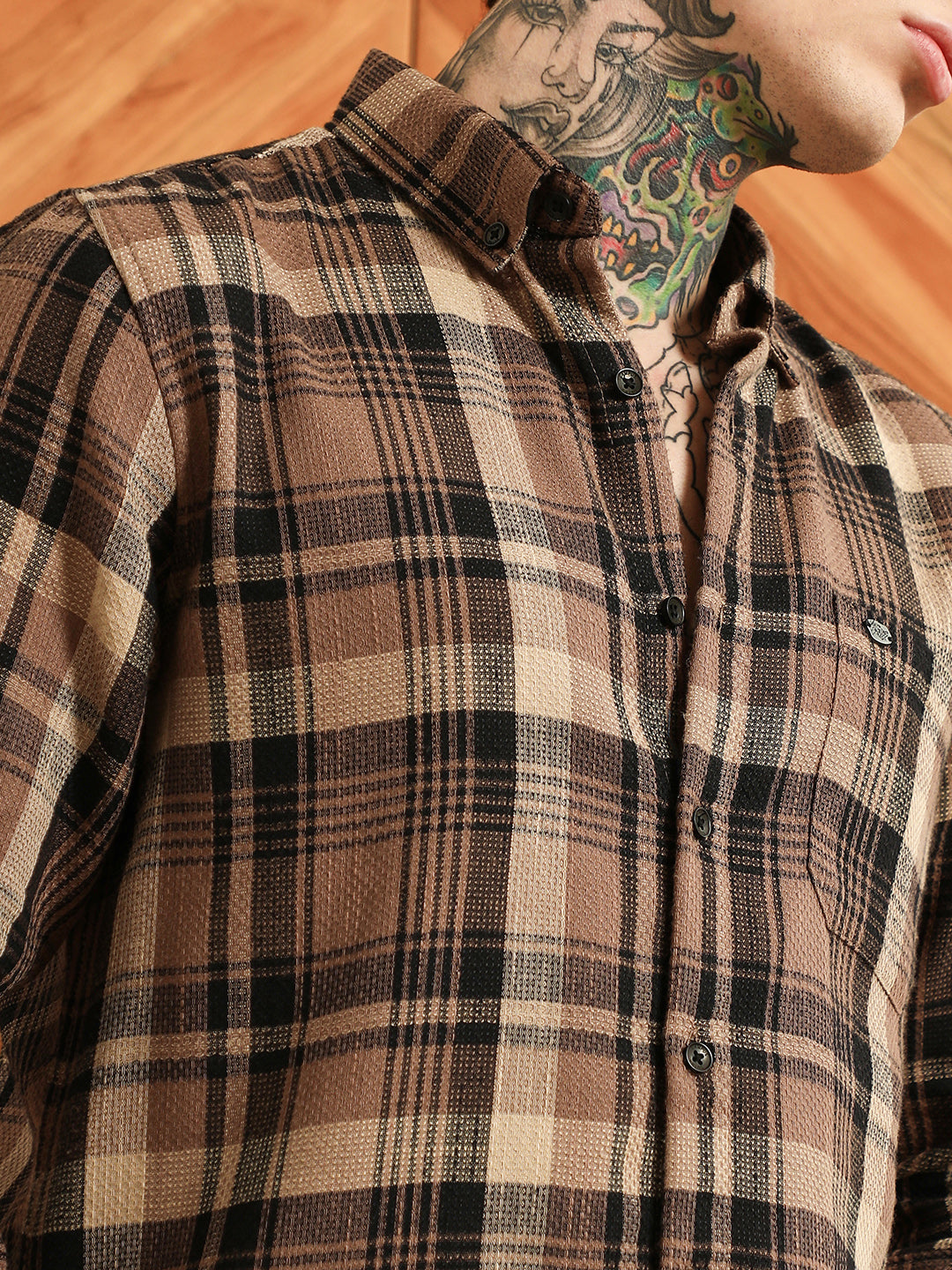 Brown Plaid Cotton Tailored Fit Shirt