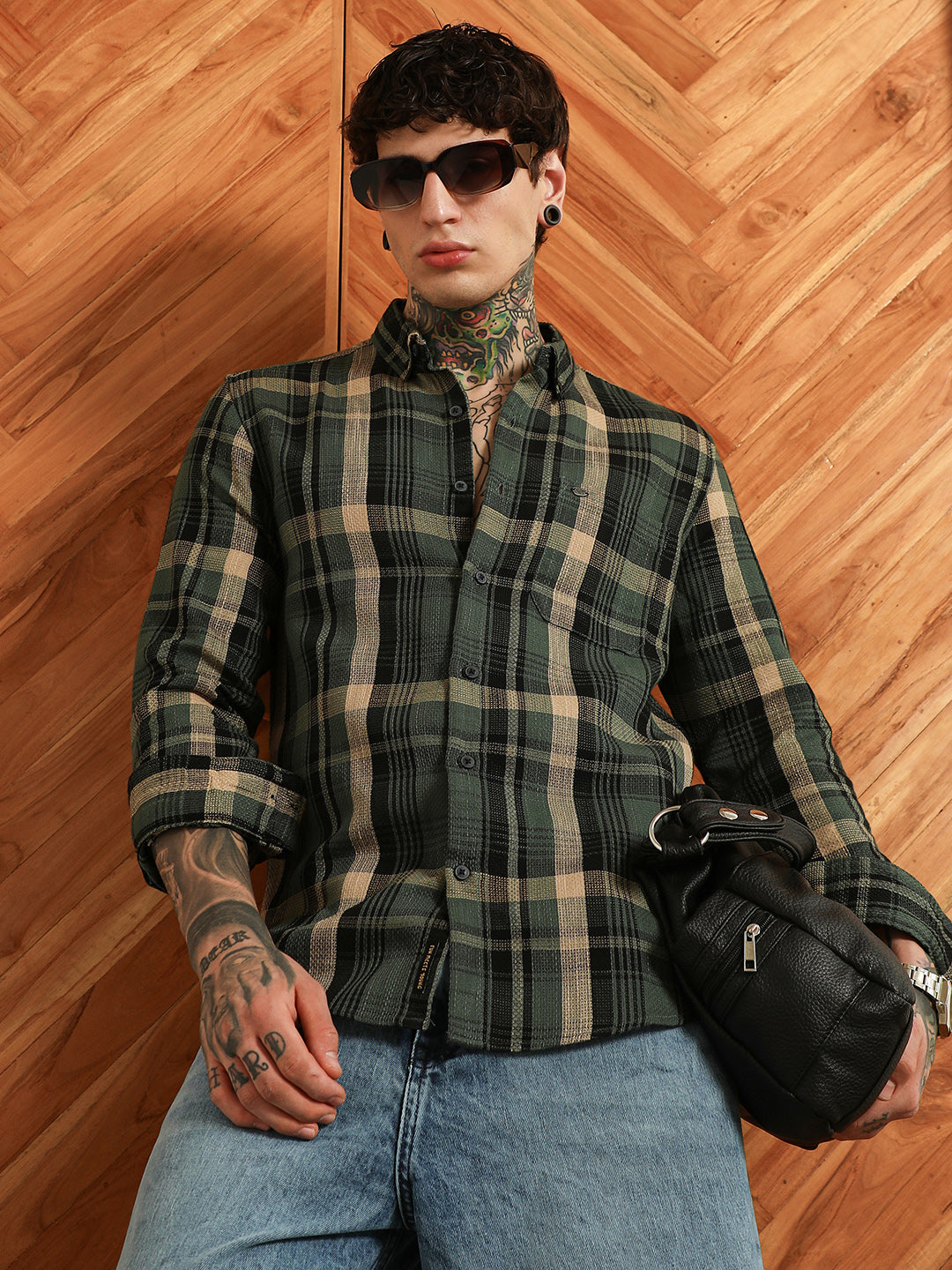 Dark Green Plaid Cotton Blend Full Sleeve Shirt
