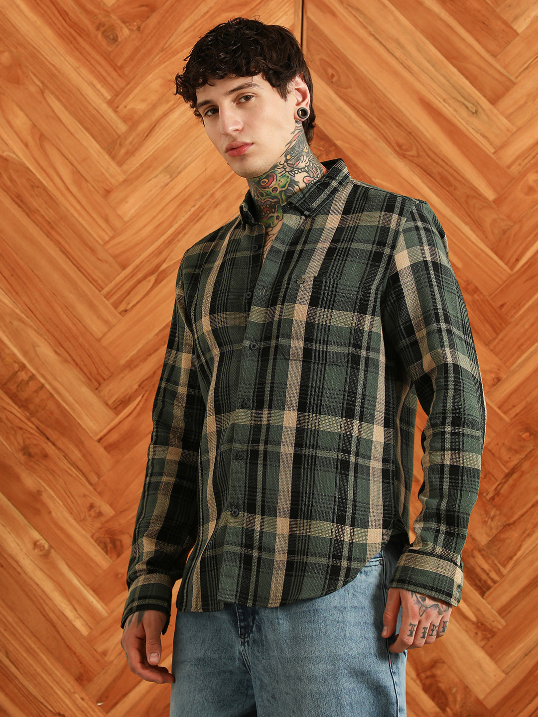 Dark Green Plaid Cotton Blend Full Sleeve Shirt