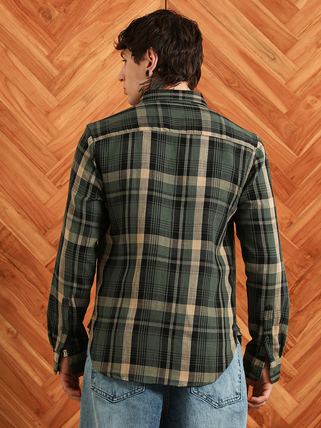 Dark Green Plaid Cotton Blend Full Sleeve Shirt