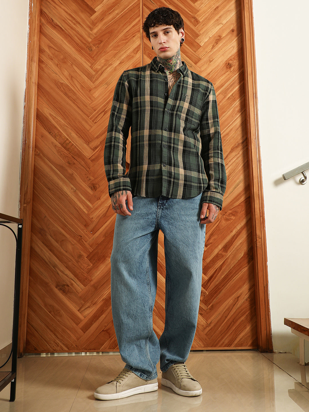 Dark Green Plaid Cotton Blend Full Sleeve Shirt