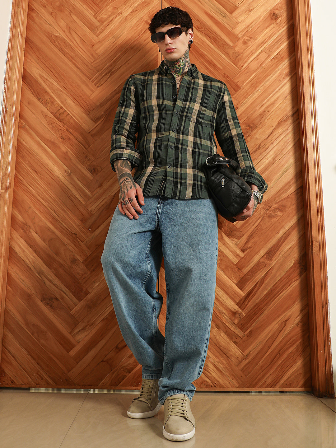 Dark Green Plaid Cotton Blend Full Sleeve Shirt
