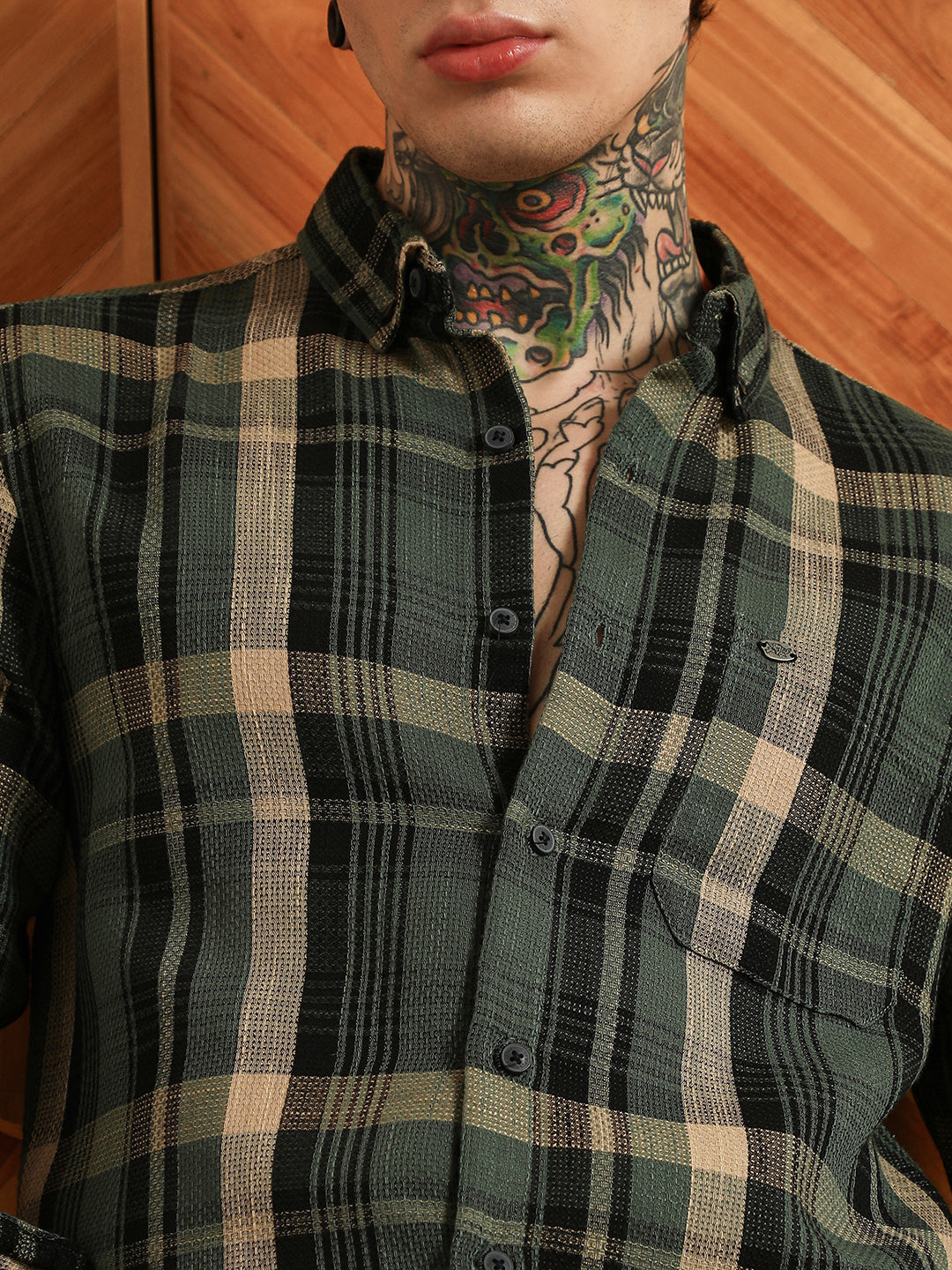 Dark Green Plaid Cotton Blend Full Sleeve Shirt