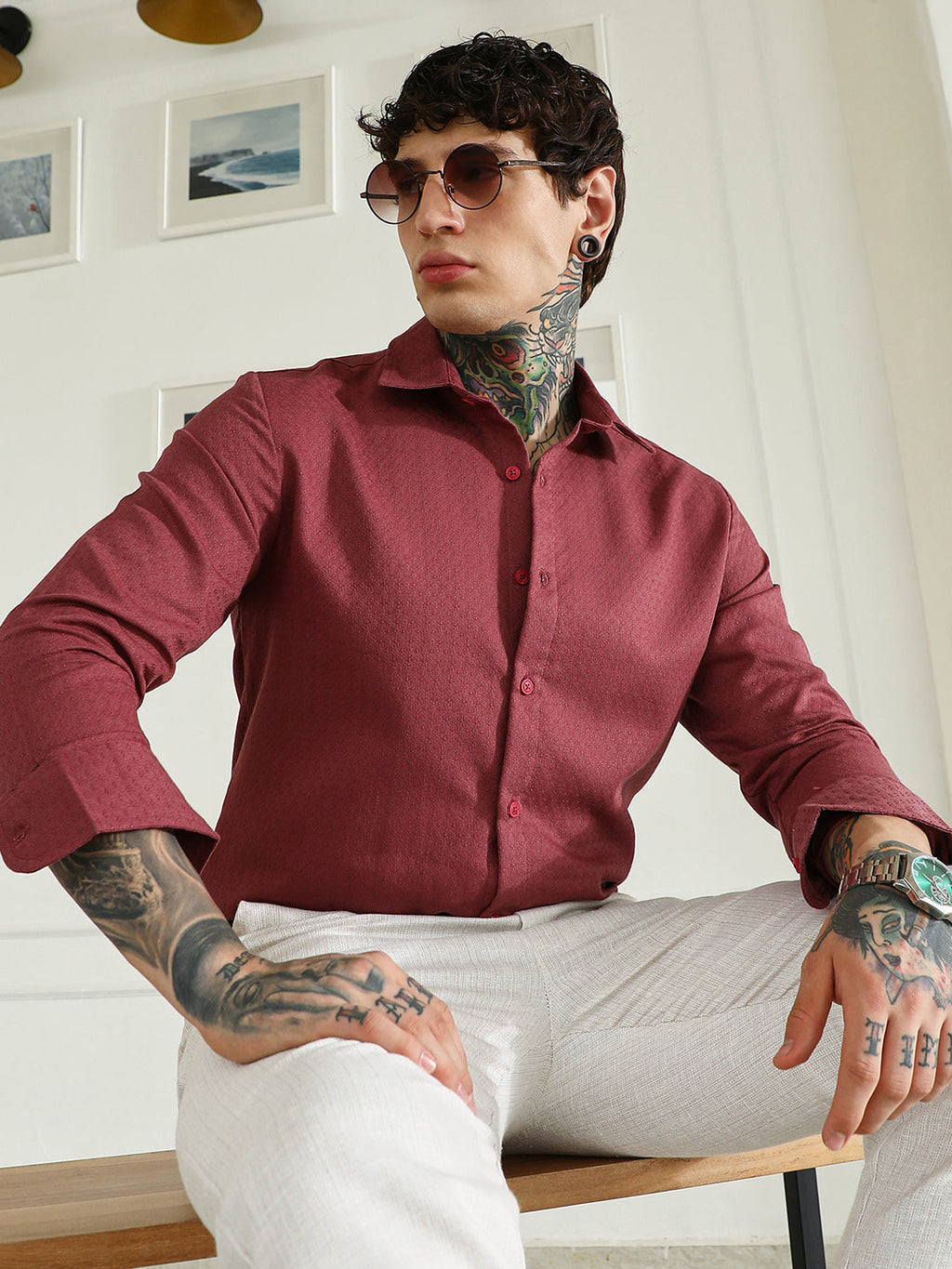 Burgundy Textured Cotton Blend Full Sleeve Shirt For Men