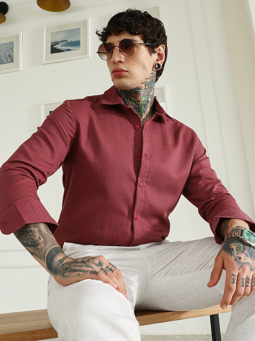 Burgundy Textured Cotton Blend Full Sleeve Shirt For Men