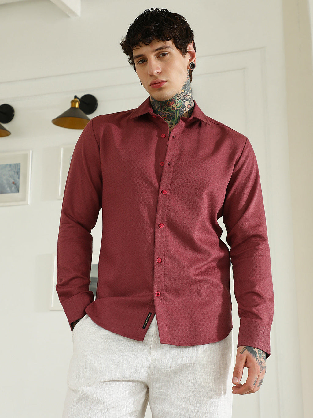 Burgundy Textured Cotton Blend Full Sleeve Shirt For Men