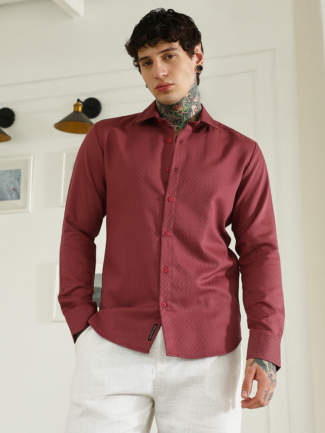 Burgundy Textured Cotton Blend Full Sleeve Shirt For Men