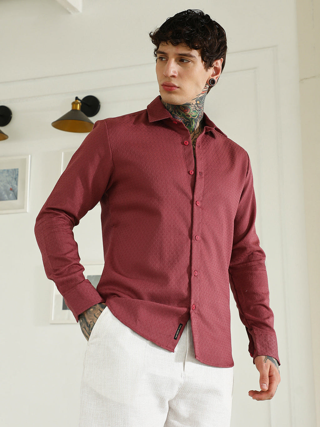 Burgundy Textured Cotton Blend Full Sleeve Shirt For Men