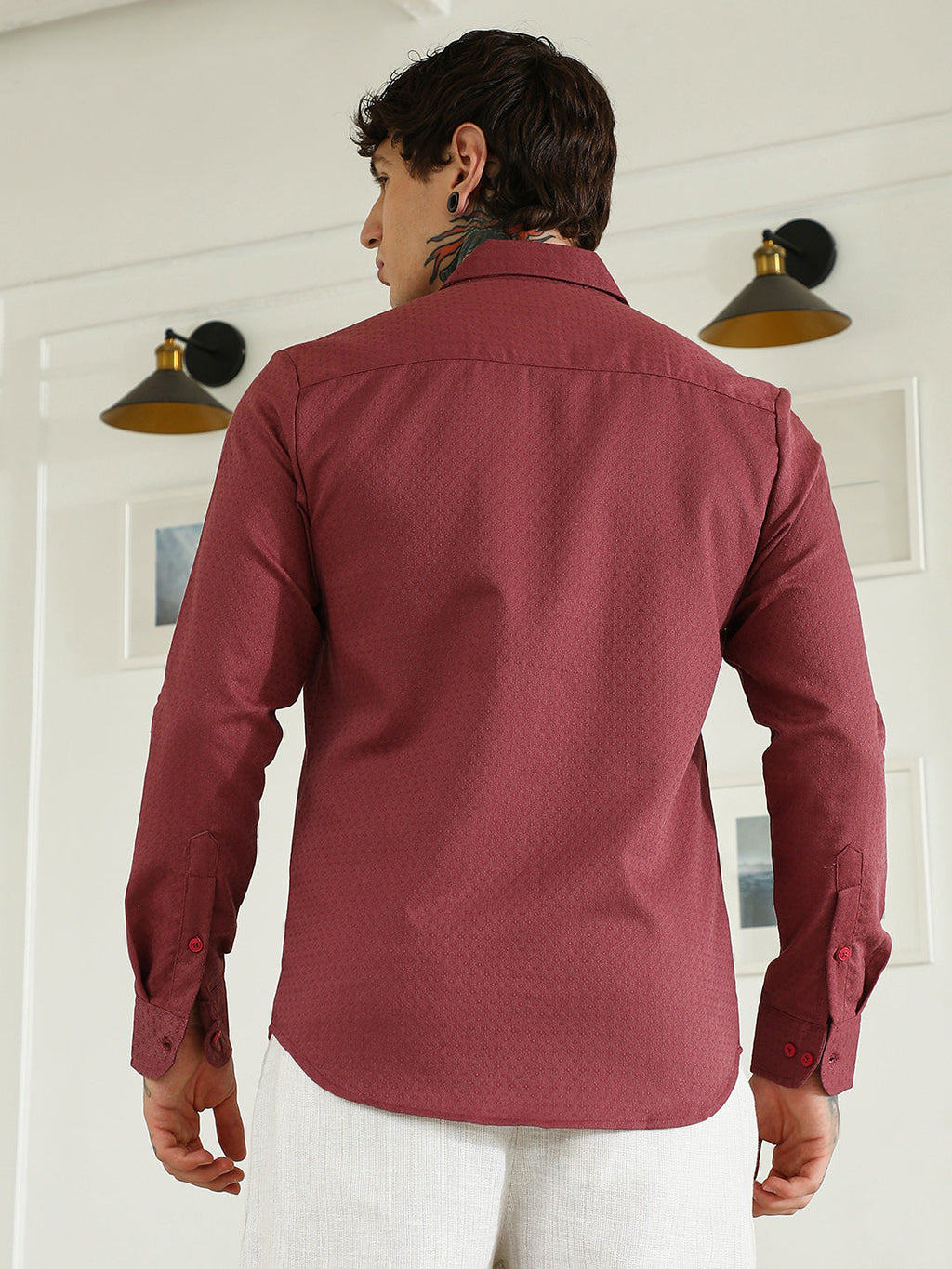 Burgundy Textured Cotton Blend Full Sleeve Shirt For Men