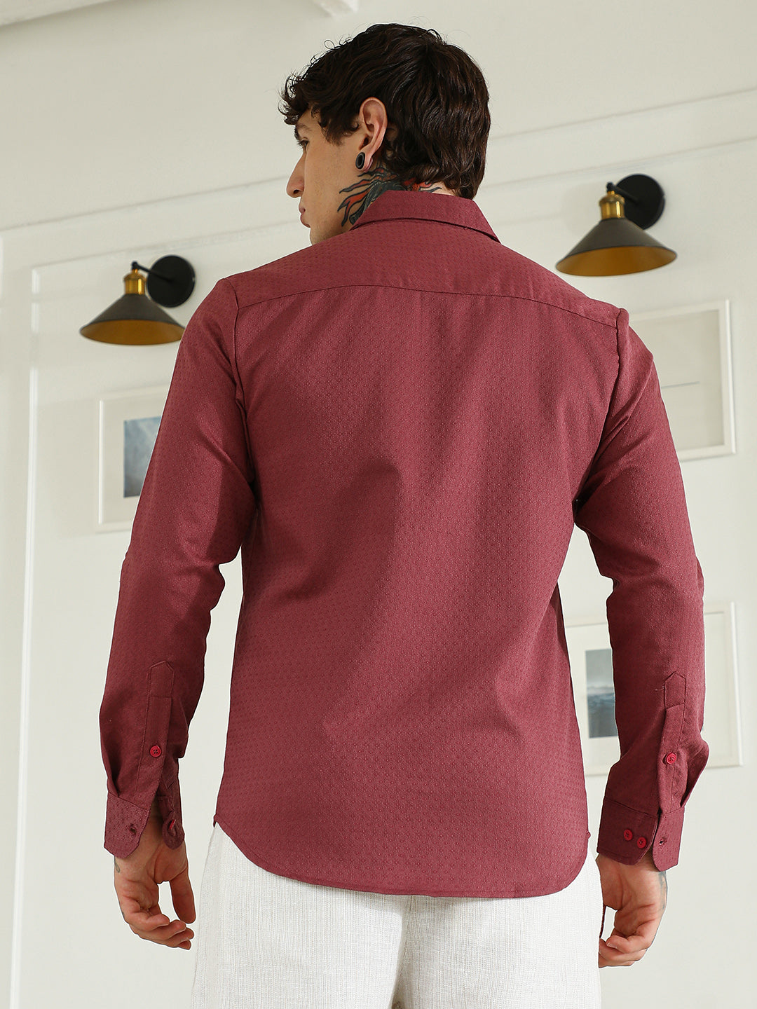 Burgundy Textured Cotton Blend Full Sleeve Shirt For Men