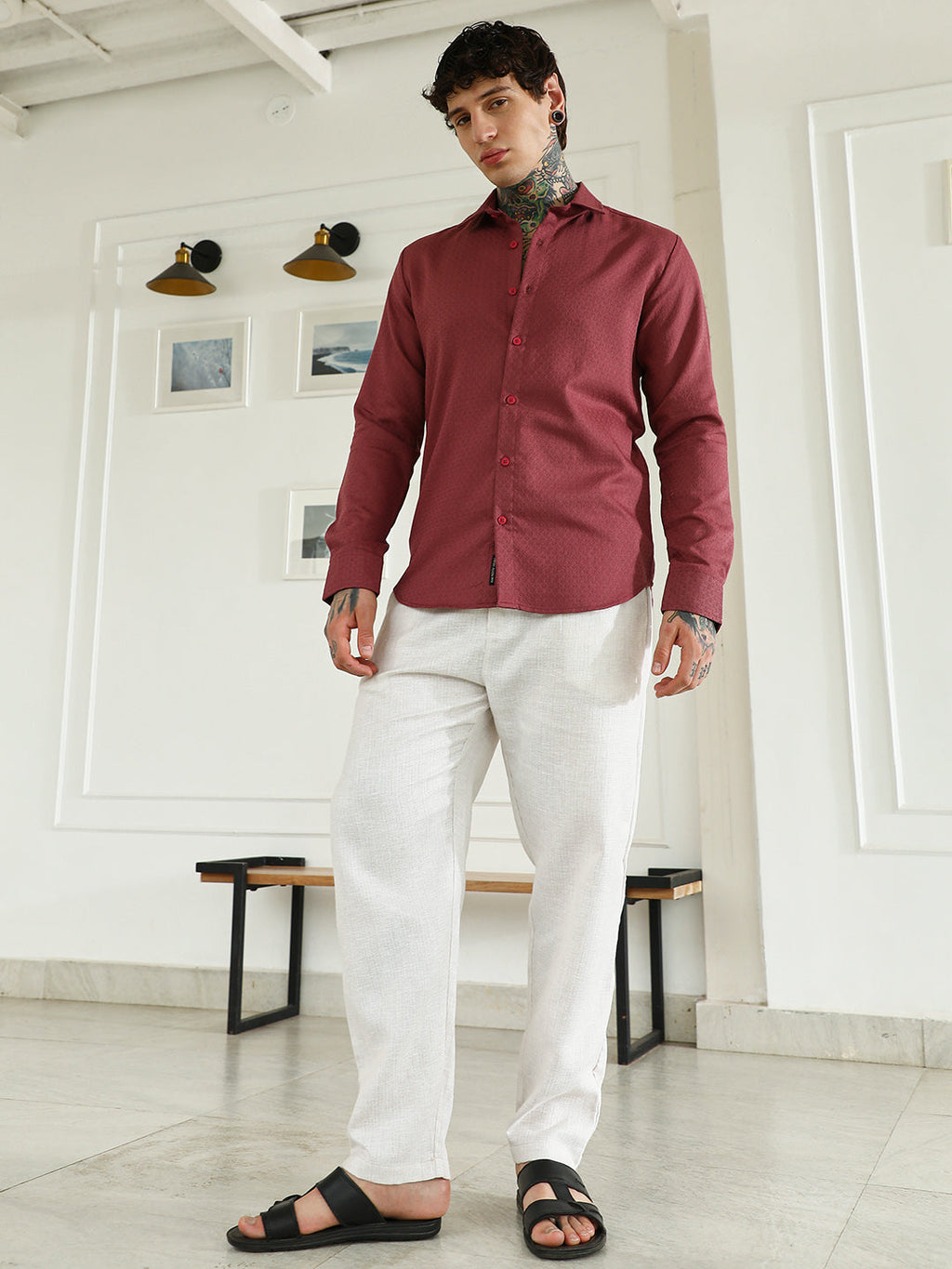 Burgundy Textured Cotton Blend Full Sleeve Shirt For Men