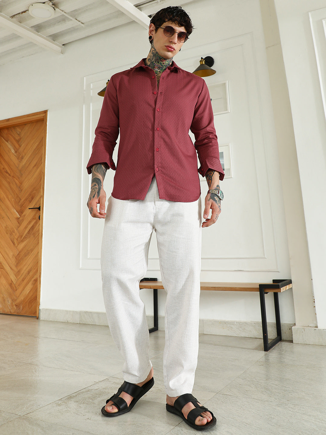 Burgundy Textured Cotton Blend Full Sleeve Shirt For Men