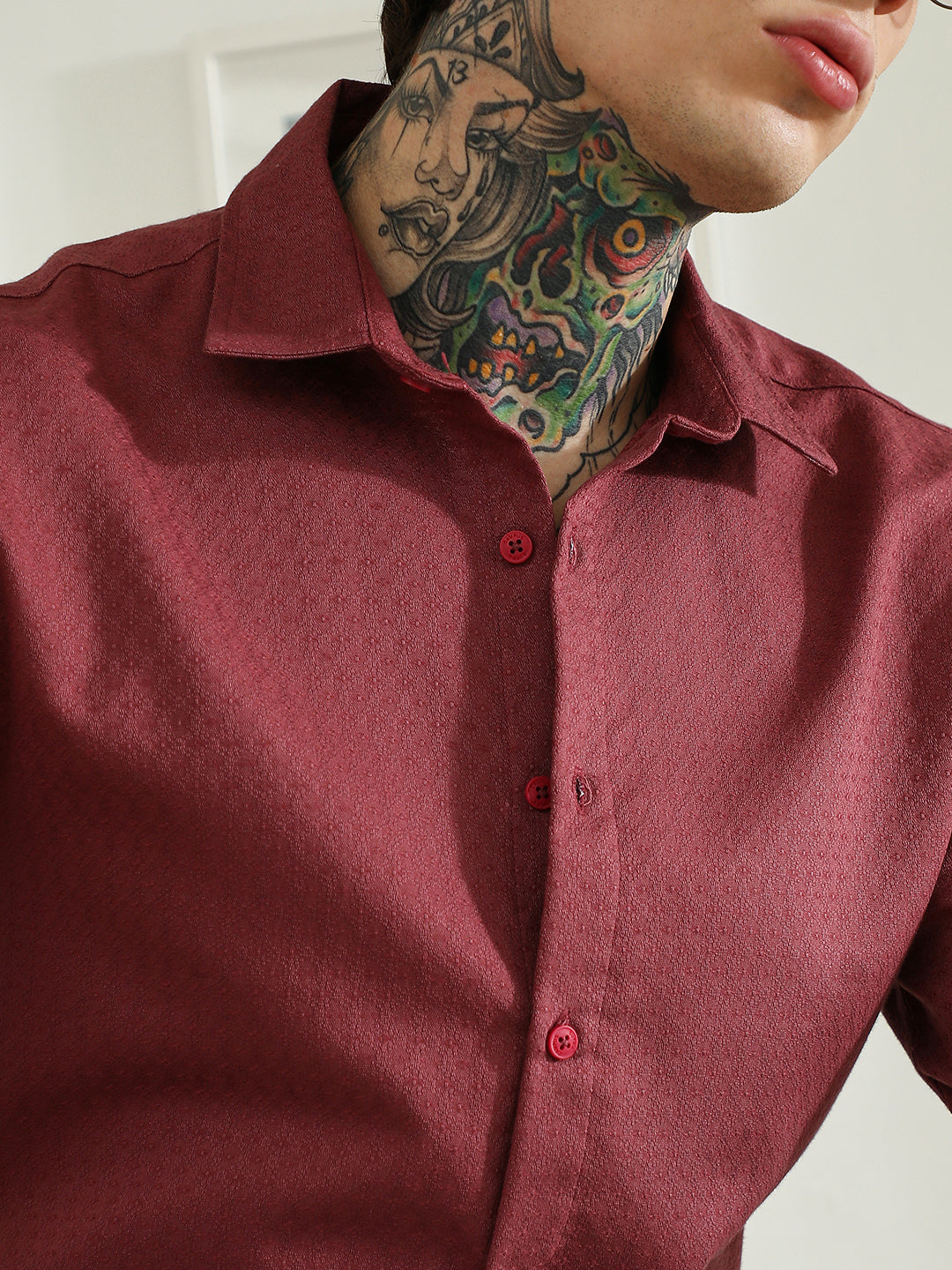 Burgundy Textured Cotton Blend Full Sleeve Shirt For Men