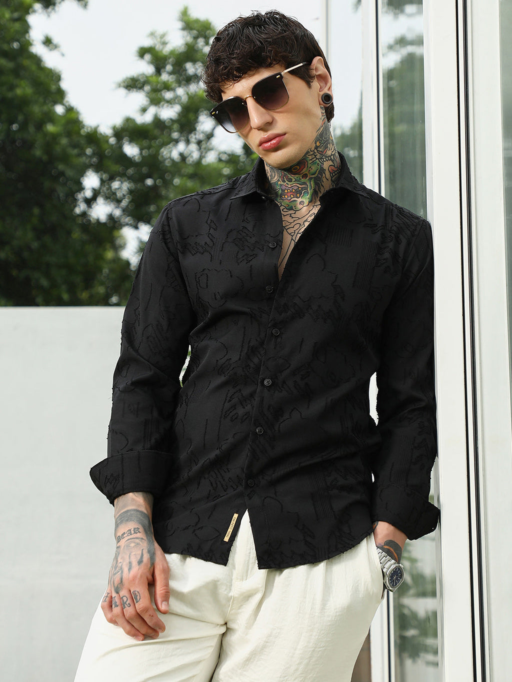 Black Self-Design Cotton Blend Slim Fit Shirt