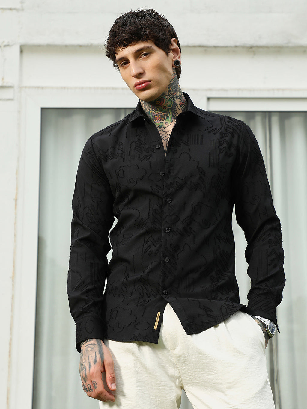 Black Self-Design Cotton Blend Slim Fit Shirt