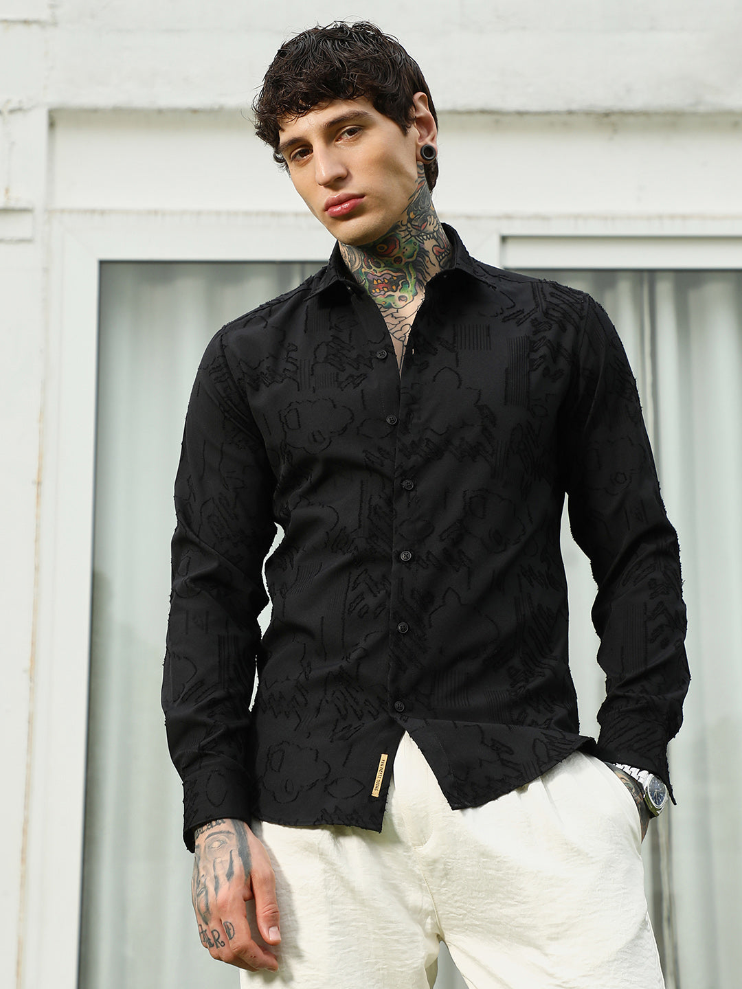 Black Self-Design Cotton Blend Slim Fit Shirt