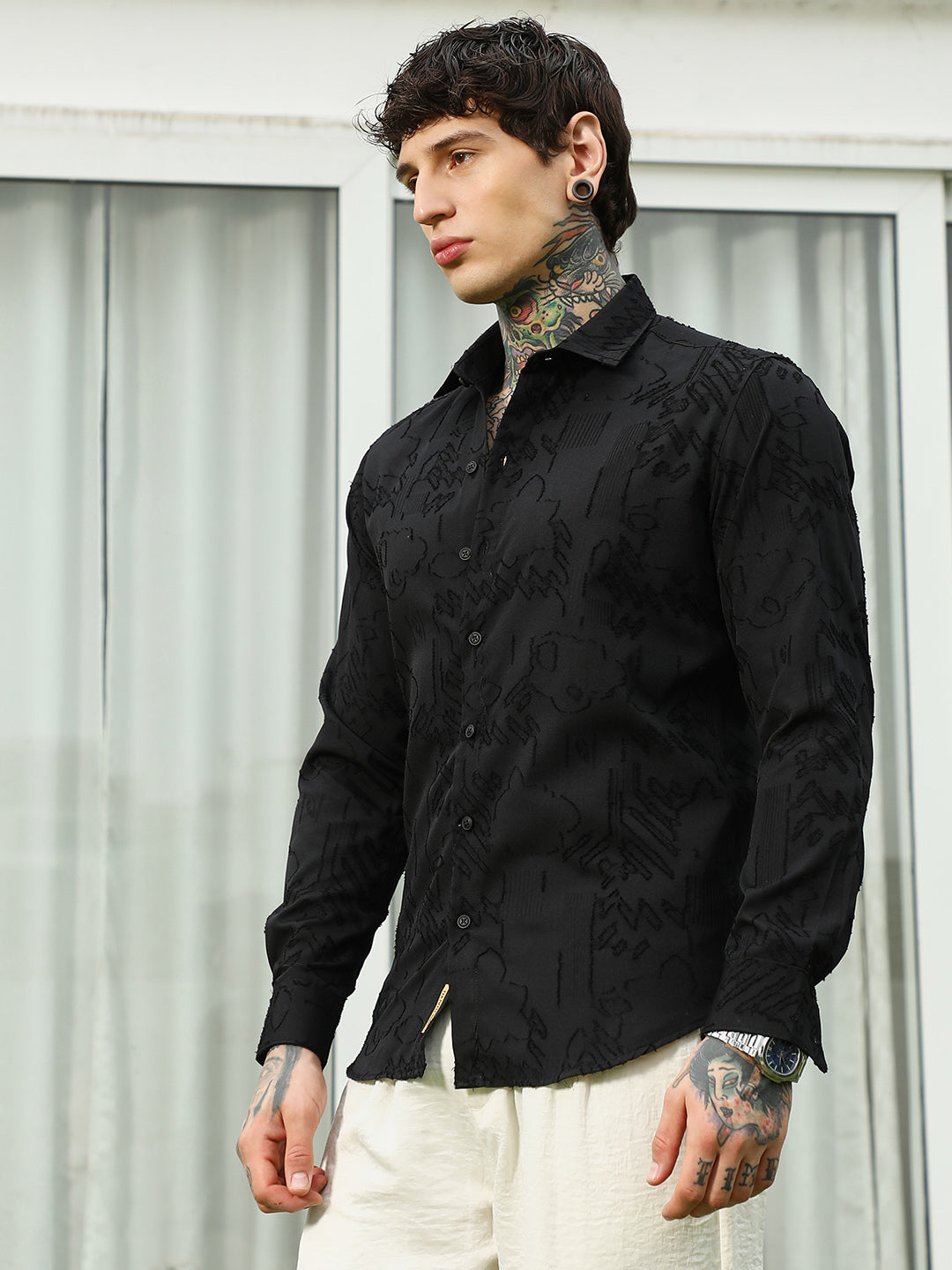 Black Self-Design Cotton Blend Slim Fit Shirt