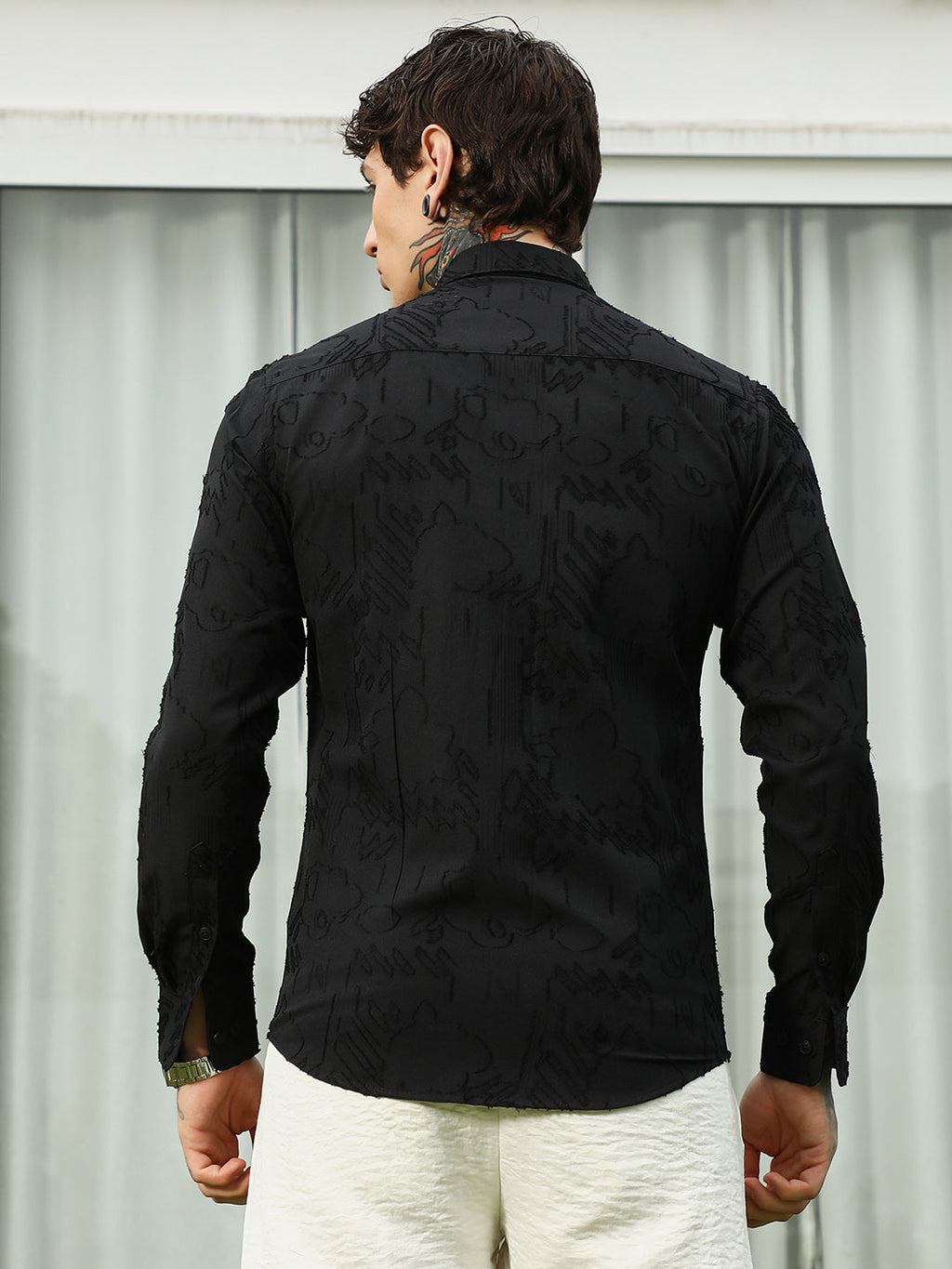 Black Self-Design Cotton Blend Slim Fit Shirt