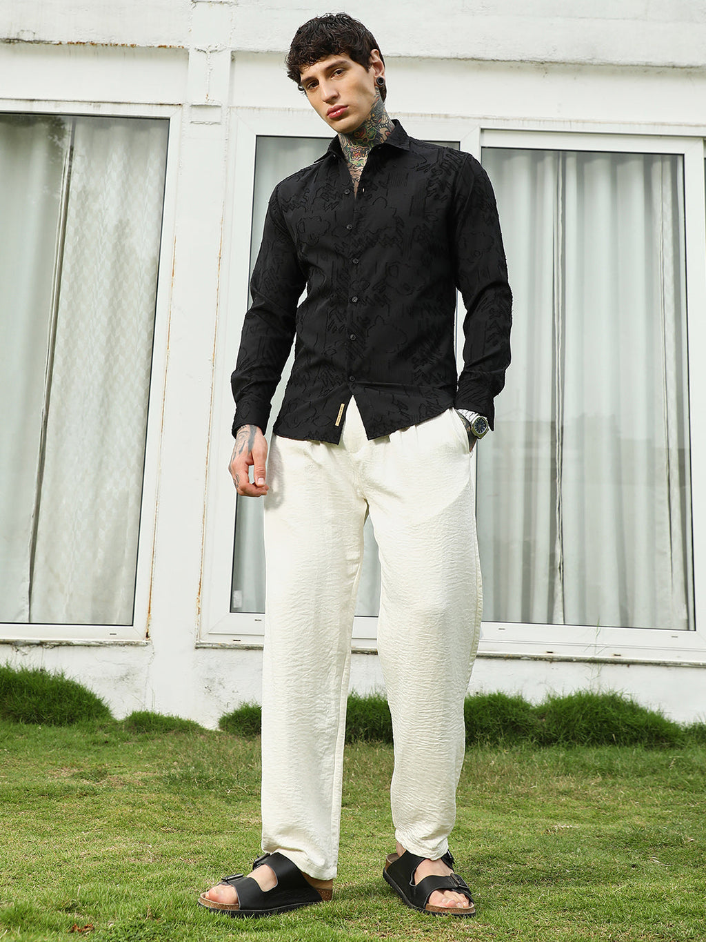 Black Self-Design Cotton Blend Slim Fit Shirt