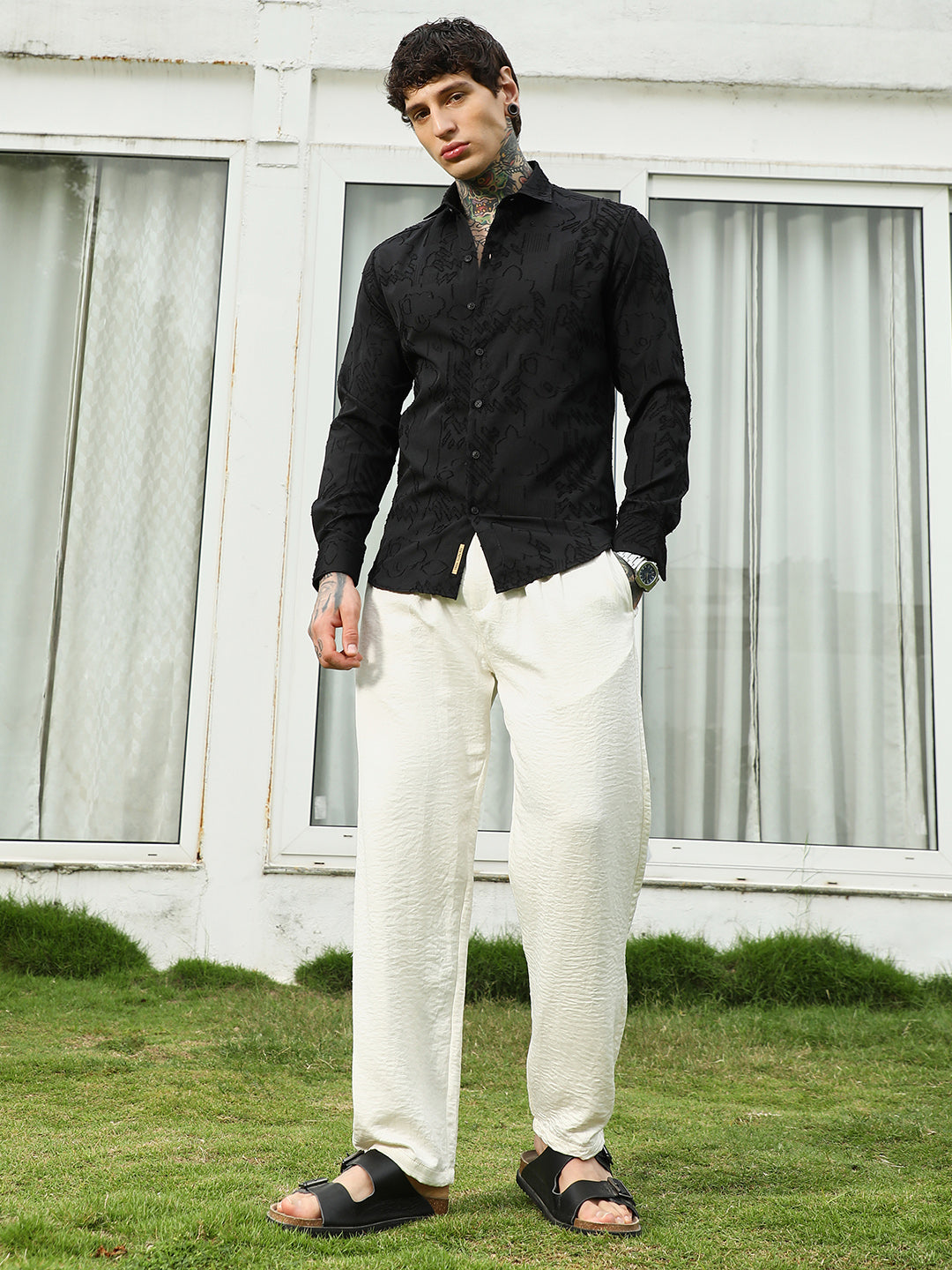 Black Self-Design Cotton Blend Slim Fit Shirt