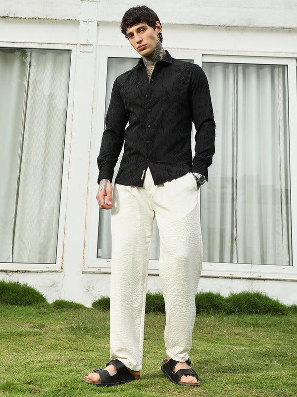 Black Self-Design Cotton Blend Slim Fit Shirt