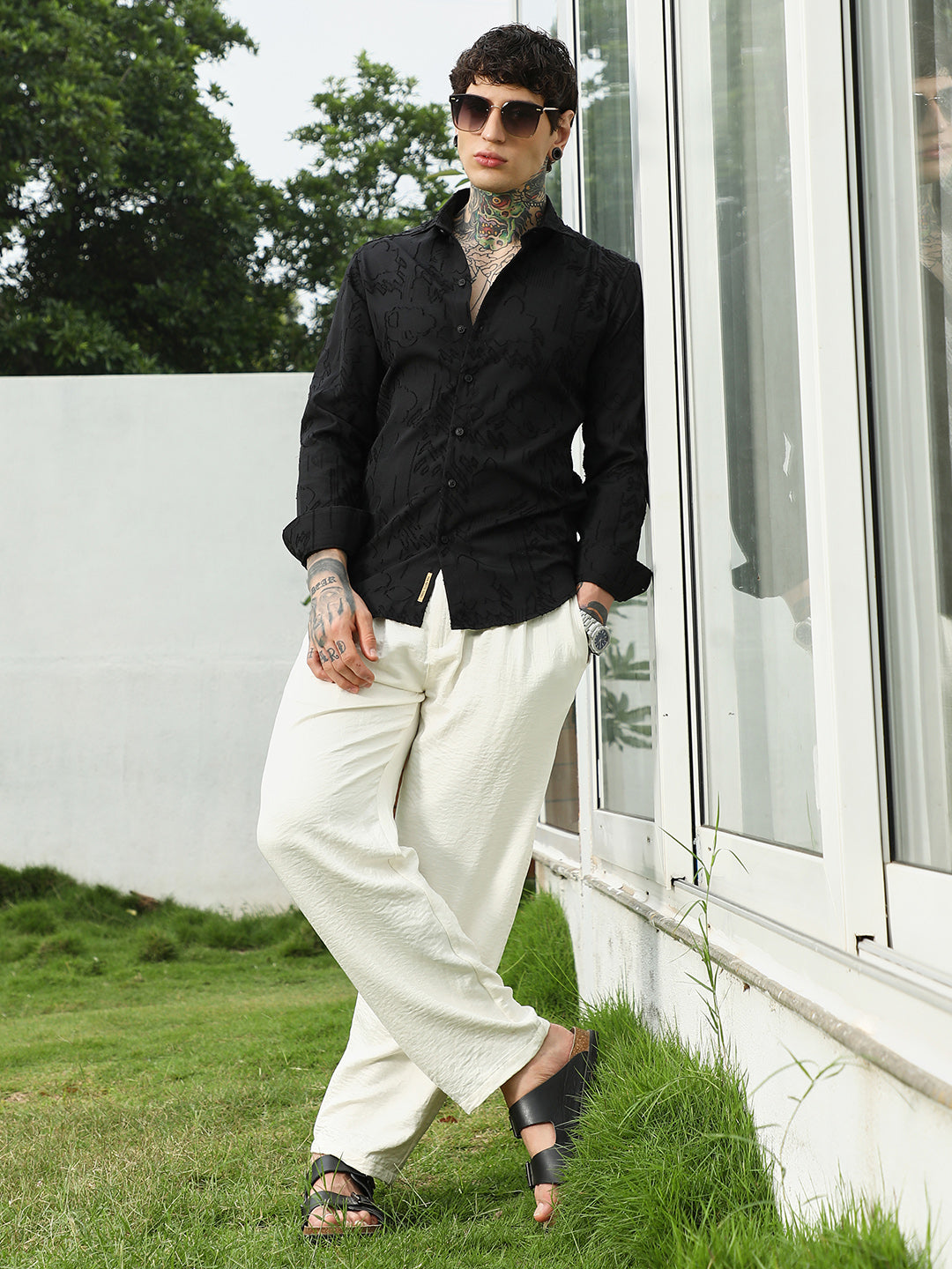 Black Self-Design Cotton Blend Slim Fit Shirt