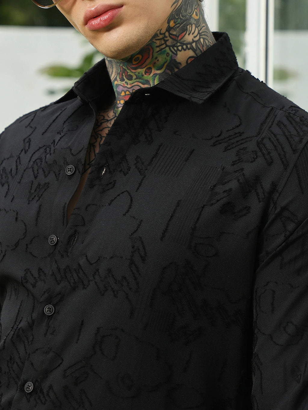 Black Self-Design Cotton Blend Slim Fit Shirt