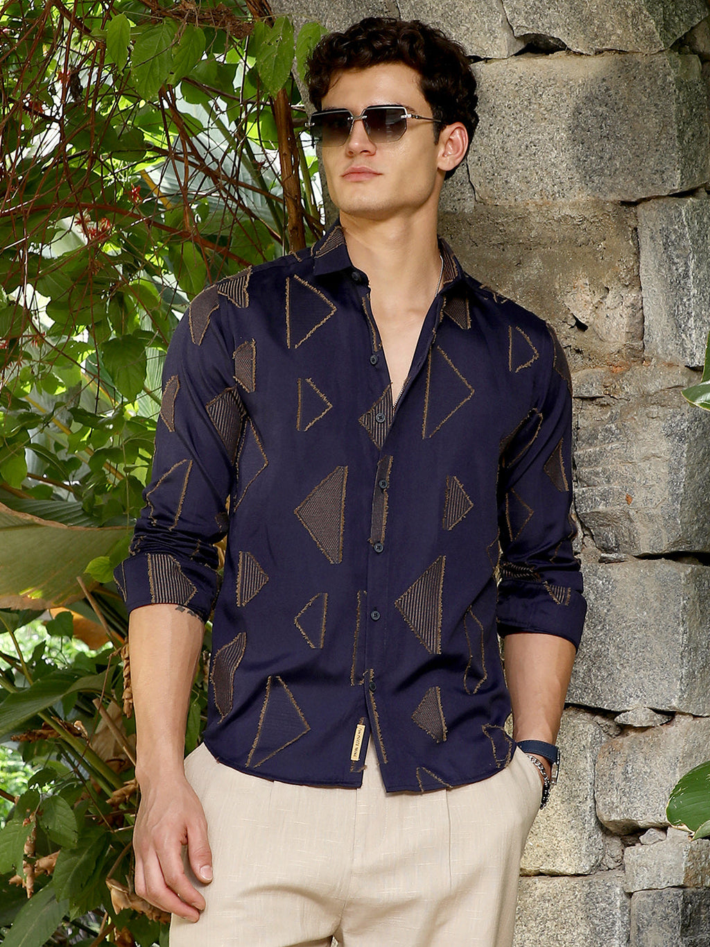 Navy Blue Edgy-Geometric Woven Shirt