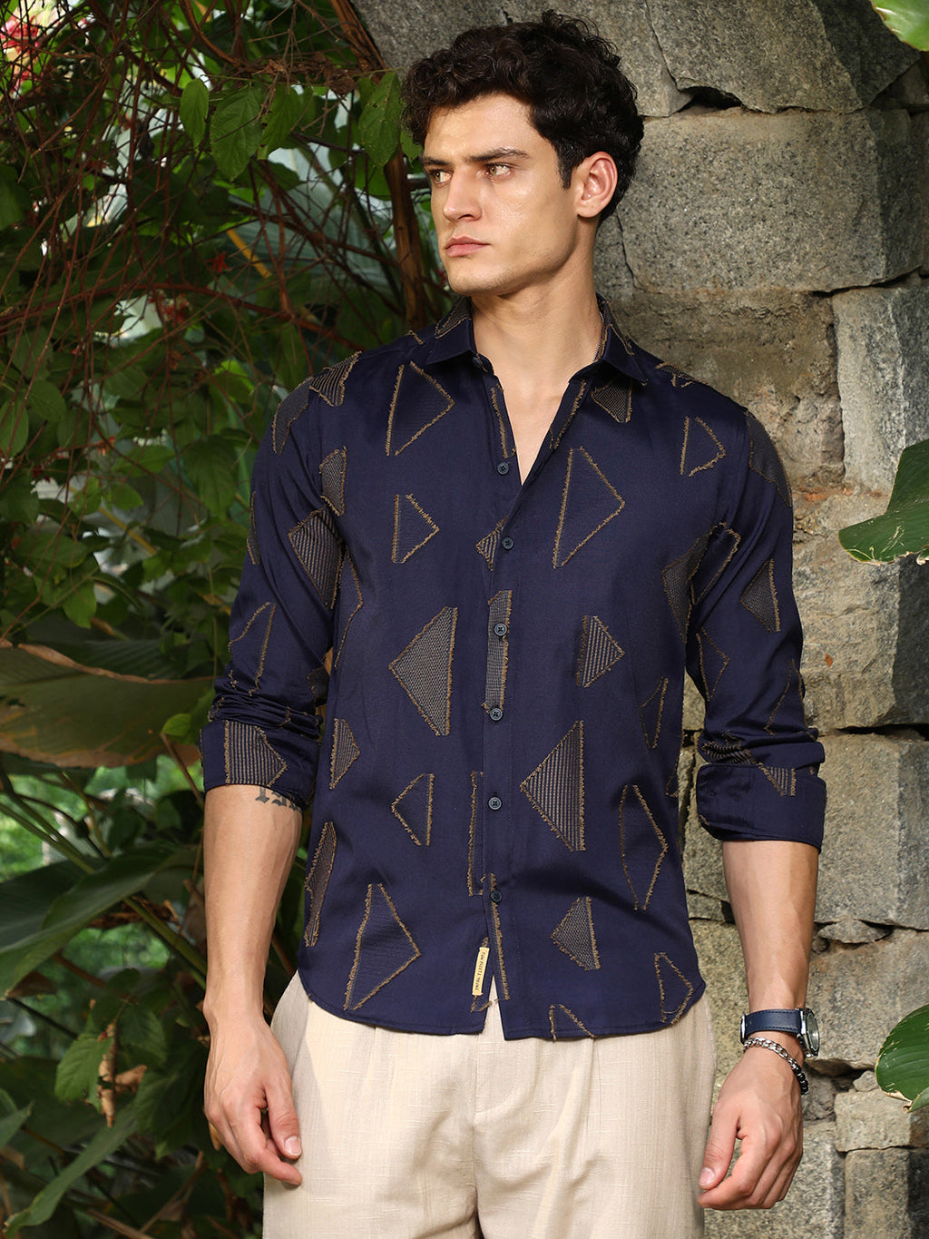 Navy Blue Edgy-Geometric Woven Shirt