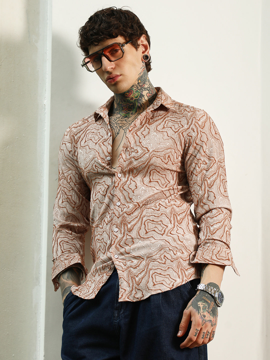 Slim Fit Beige Abstract Pattern Full Sleeve Shirt