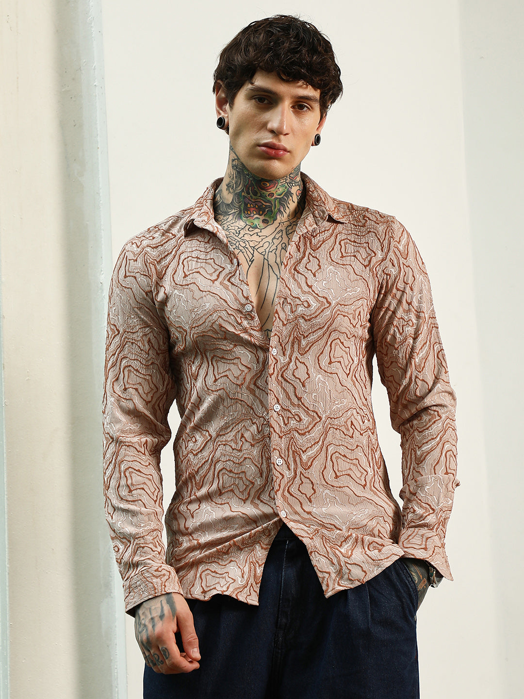 Slim Fit Beige Abstract Pattern Full Sleeve Shirt