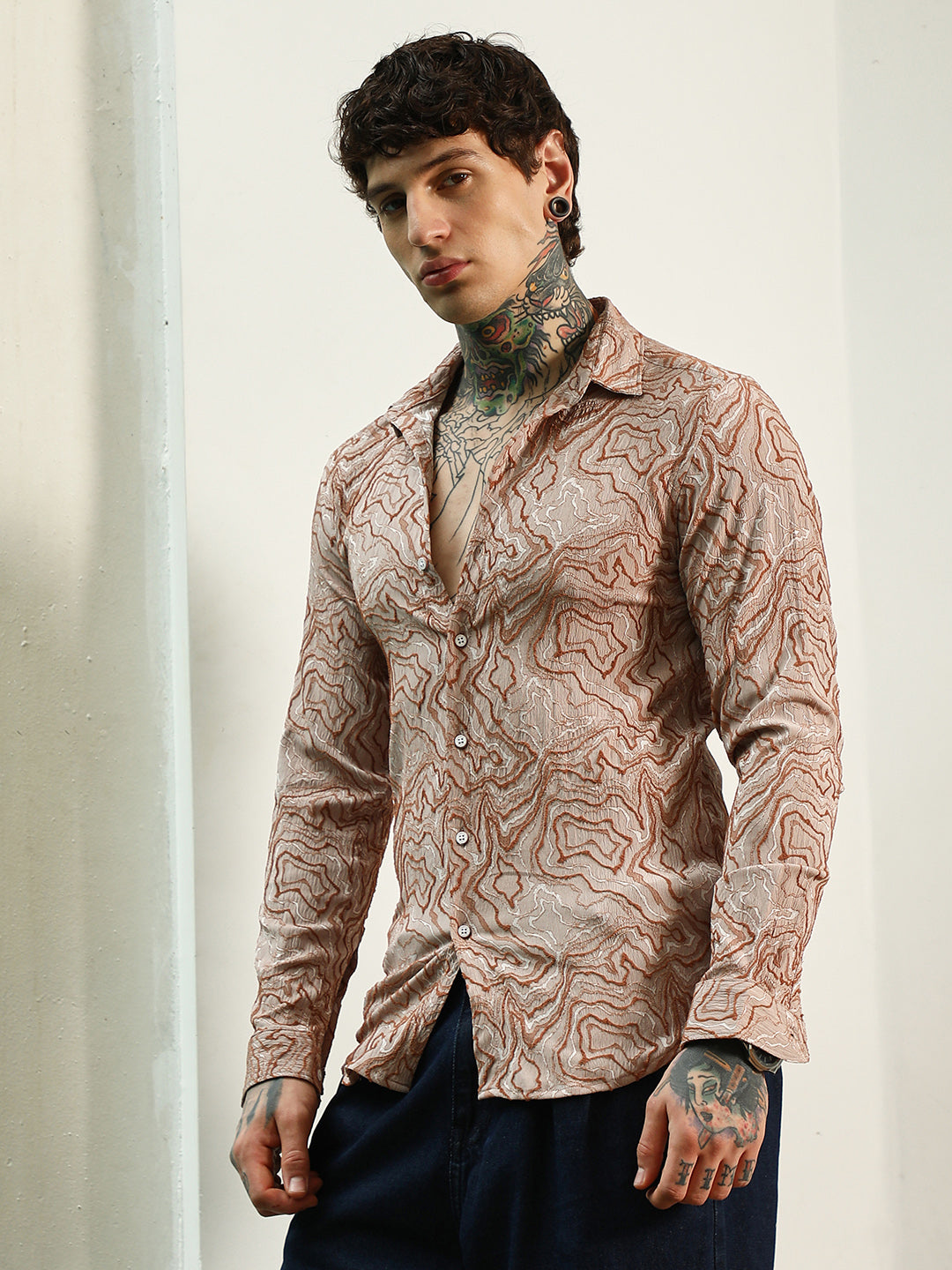 Slim Fit Beige Abstract Pattern Full Sleeve Shirt